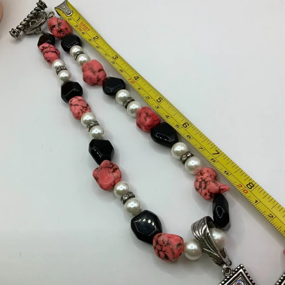 Howlite Pink Glass Beads Black Rhinestone Faux Pearls Silver Tone Cross Necklace